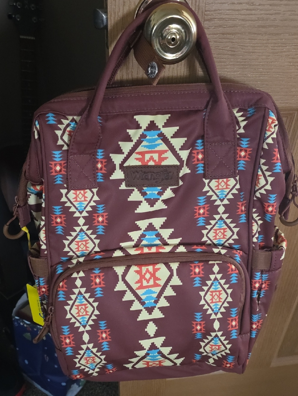 Wrangler Burgundy Aztec-Patterned Backpack with Cream & Blue Accents
